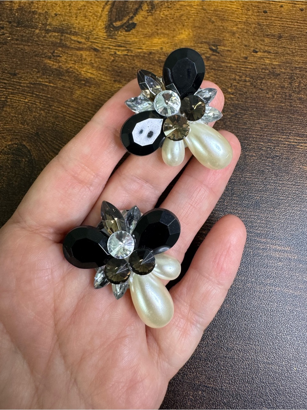 Hand Crafted Black and Pearl Floral Brooch Set